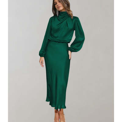 Damen Stylisches High Neck Elegantes Langarm Kleid | Midi