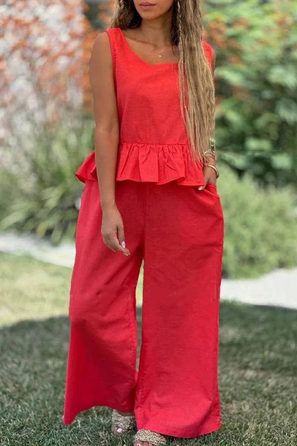 Alba® | Zweiteiliges Set aus einfarbigem ärmellosem Oberteil aus Baumwolle und Leinen und Hose mit weitem Bein