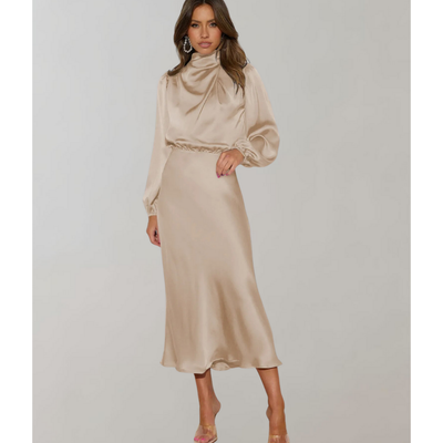 Damen Stylisches High Neck Elegantes Langarm Kleid | Midi