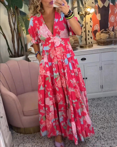 Kleid mit v-ausschnitt und bumenmuster für frauen