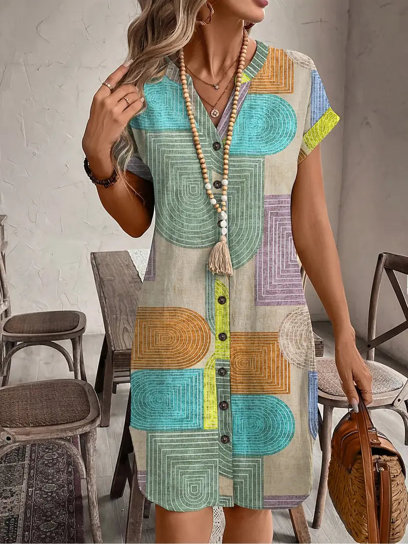 Evelyn | Women's Summer Geometric Print V-Neck Kleid mit Knöpfen