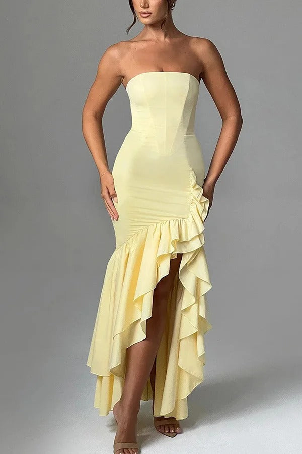 Lindsay® | Sexy Off-Shoulder-Maxikleid mit schmaler Passform und unregelmäßigem Saum