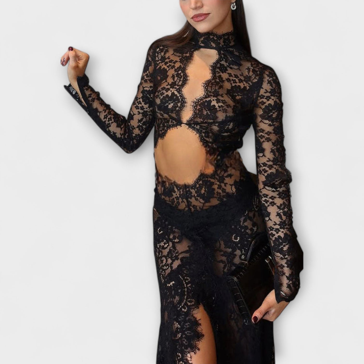 Azalee - Mitternachts-Eleganz Sheer Cutout Langarm Stretch-Maxikleid" could be rewritten as:

"Azalee - Midnight Elegance Sheer Cutout Long Sleeve Stretch Maxi Dress