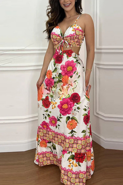 Irina® | Urlaubs-Maxikleid im Mexiko-Stil mit tropischem Print und Ringausschnitt zum Schnüren