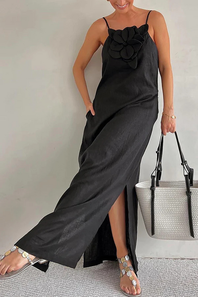 Luz® | Vacay Ready Leinenmischung, geblümtes Maxikleid mit Schlitz und Taschen