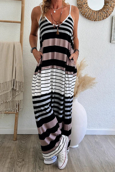 Francisca® | Mehrfarbig gestreiftes Maxikleid mit Spaghettiträgern und V-Ausschnitt