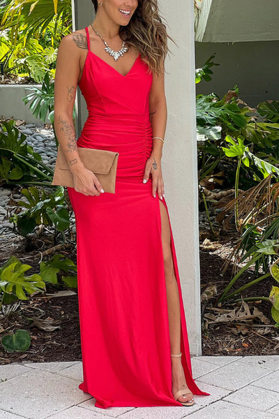Maribel® | Rotes gerafftes Maxikleid mit Schlitz