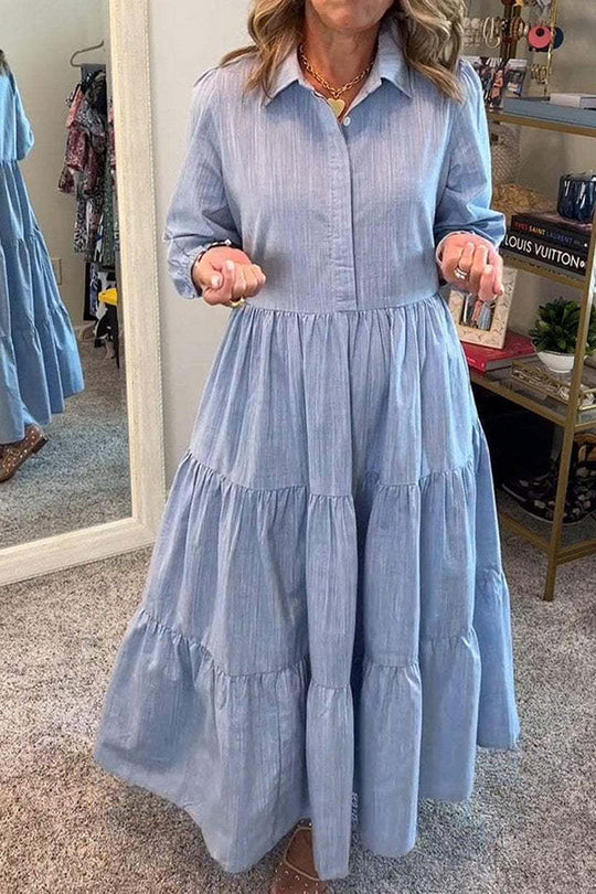 Maureen® | Einfarbiges, lockeres Maxikleid mit elastischen Bündchen am Revers