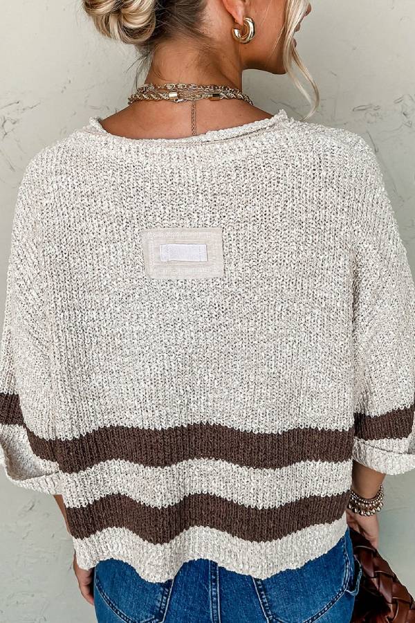 Jocelyn® | Braun gestreifter, verkürzter Pullover mit tief angesetzten Ärmeln