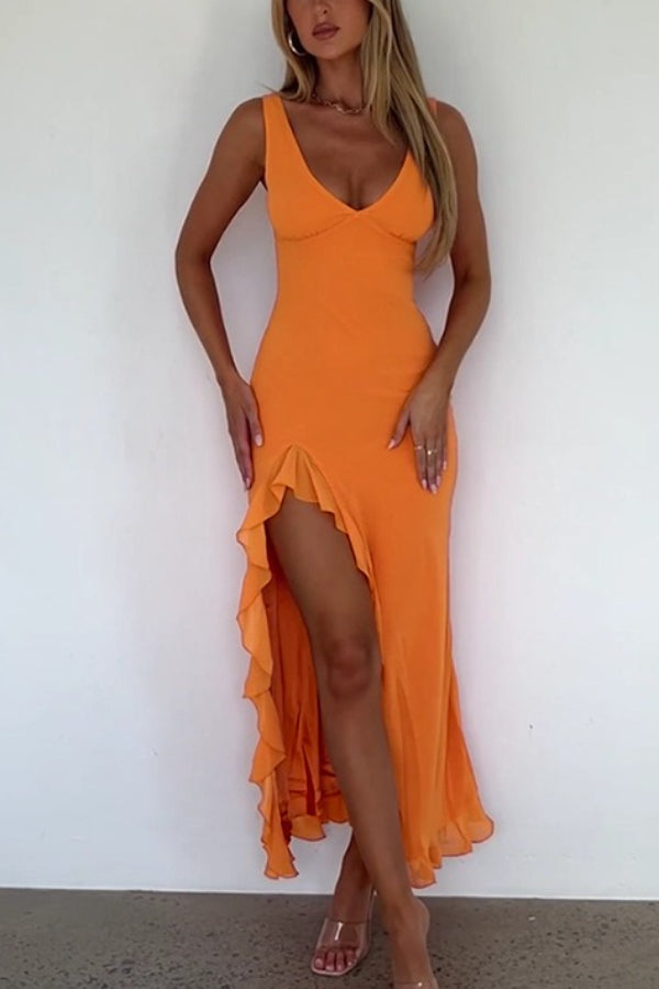 Leila® | Slim-Fit-Maxi-Tanktop-Kleider mit V-Ausschnitt und Rüschen und hohem Schlitz