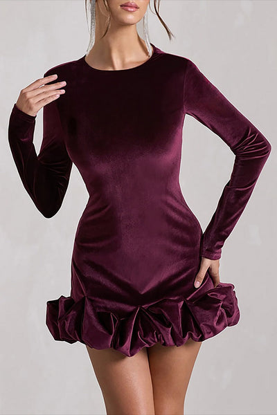 Lauren® | Samt-Minikleid mit rundem Ausschnitt und langen Ärmeln und gerüschtem Puffsaum – Lila
