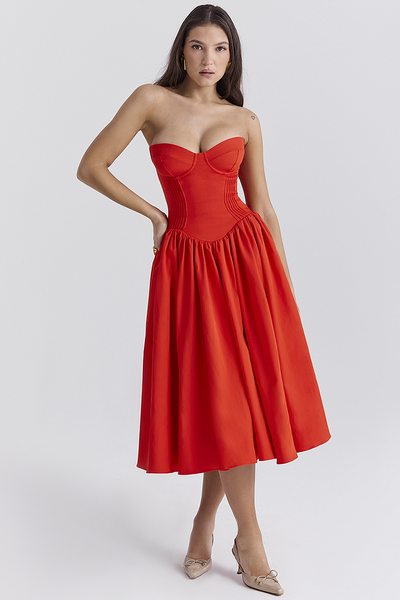 Lisa® | Trägerloses Korsett-Midikleid mit plissiertem Saum für Abschlussball und Party – Rot