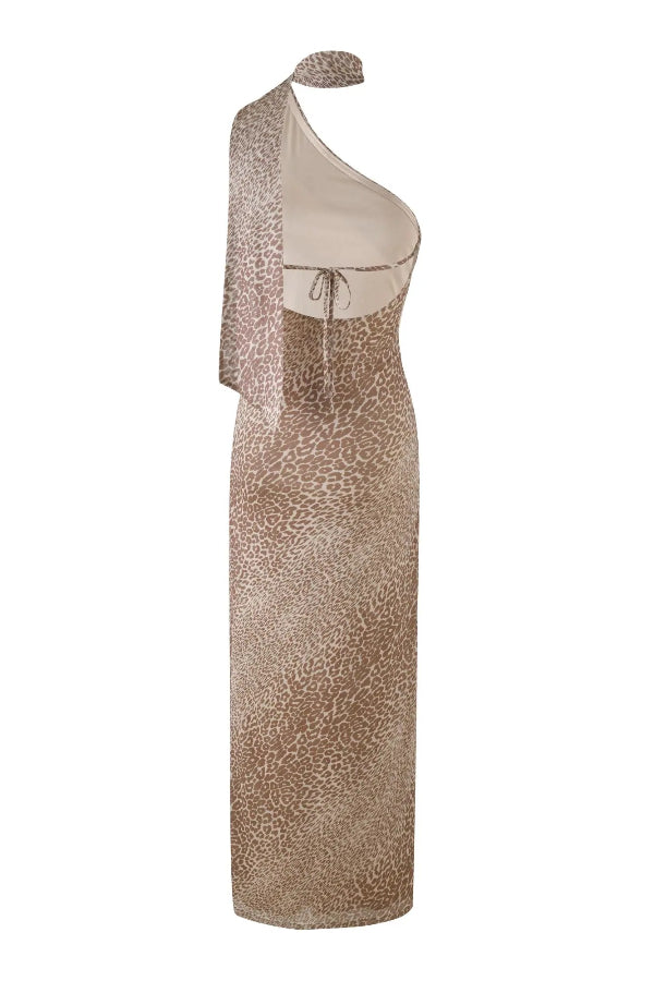 Judith® | Neckholder-Maxikleid mit schrägen Schultern und Leopardenmuster am Rücken