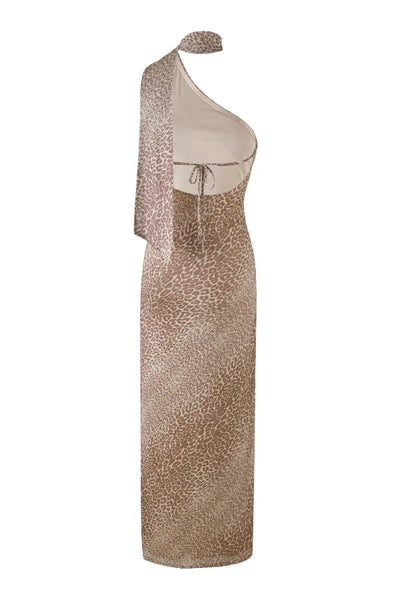 Judith® | Neckholder-Maxikleid mit schrägen Schultern und Leopardenmuster am Rücken