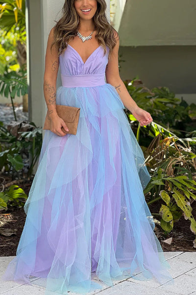 Maritza® | Lavendelfarbenes und blaues Rüschen-Mesh-Maxikleid