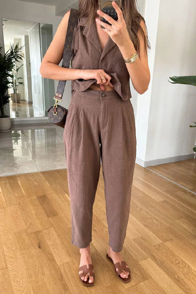 Zelma® | Lässiges, einfarbiges Revers-Weste- und Hosen-Zweiteiler-Set aus Baumwollleinen