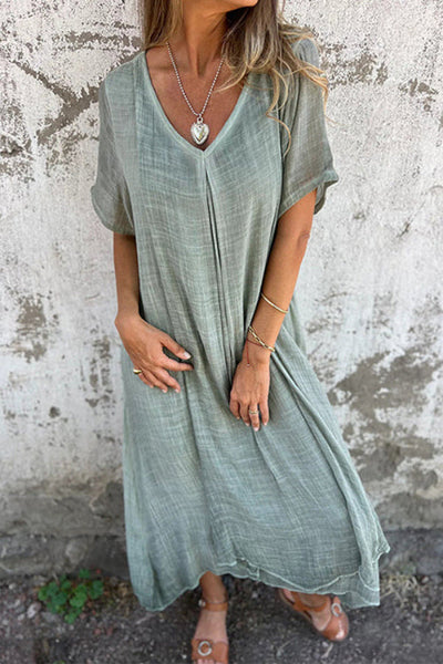 Mónica® | Locker geschnittenes Midikleid aus Baumwollleinen mit V-Ausschnitt