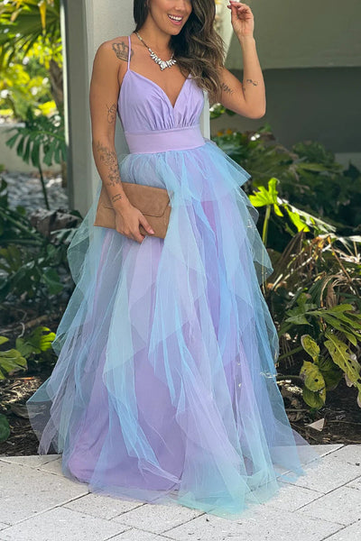 Maritza® | Lavendelfarbenes und blaues Rüschen-Mesh-Maxikleid