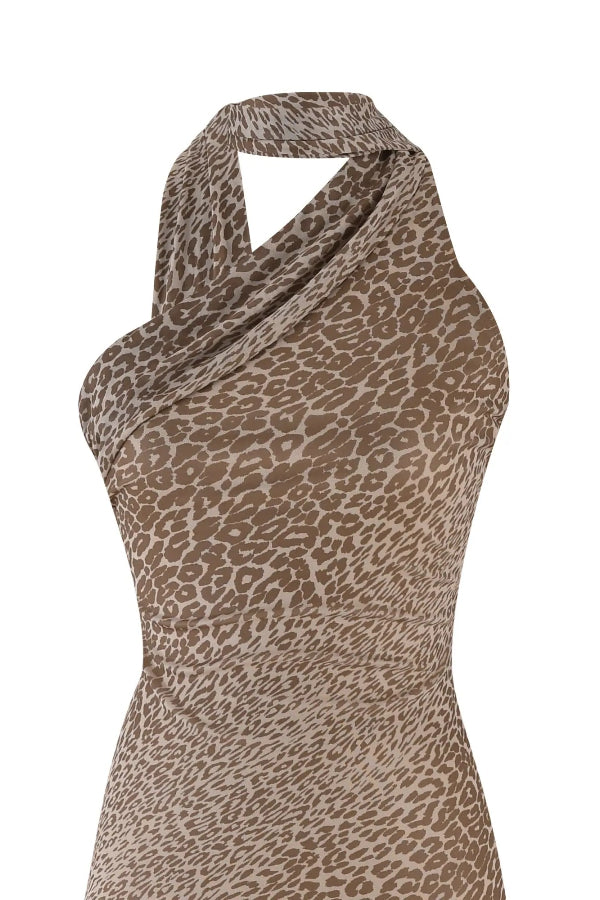 Judith® | Neckholder-Maxikleid mit schrägen Schultern und Leopardenmuster am Rücken