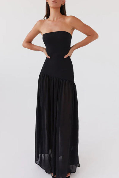 Lizzy® | Trägerloses, halbtransparentes Patchwork-Maxikleid aus Chiffon