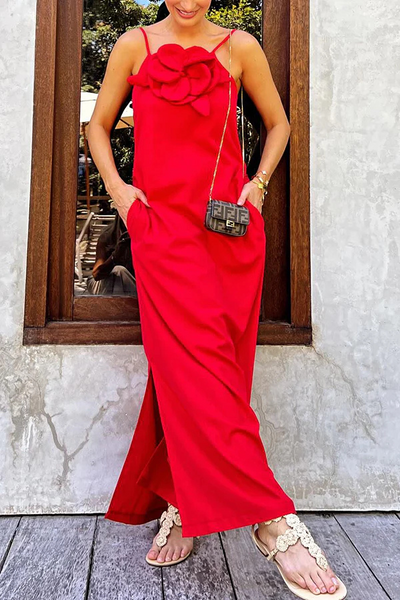 Luz® | Vacay Ready Leinenmischung, geblümtes Maxikleid mit Schlitz und Taschen