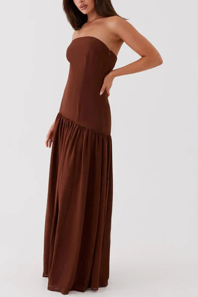 Lizzy® | Trägerloses, halbtransparentes Patchwork-Maxikleid aus Chiffon