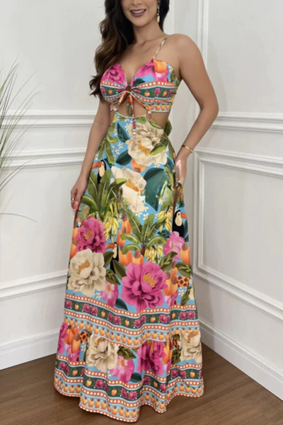 Irina® | Urlaubs-Maxikleid im Mexiko-Stil mit tropischem Print und Ringausschnitt zum Schnüren