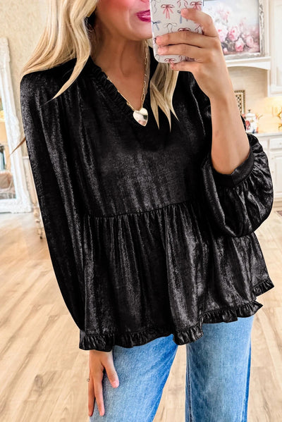 Jenna® | Samtrüschen-Babydoll-Bluse mit V-Ausschnitt und Puffärmeln