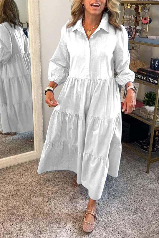 Maureen® | Einfarbiges, lockeres Maxikleid mit elastischen Bündchen am Revers