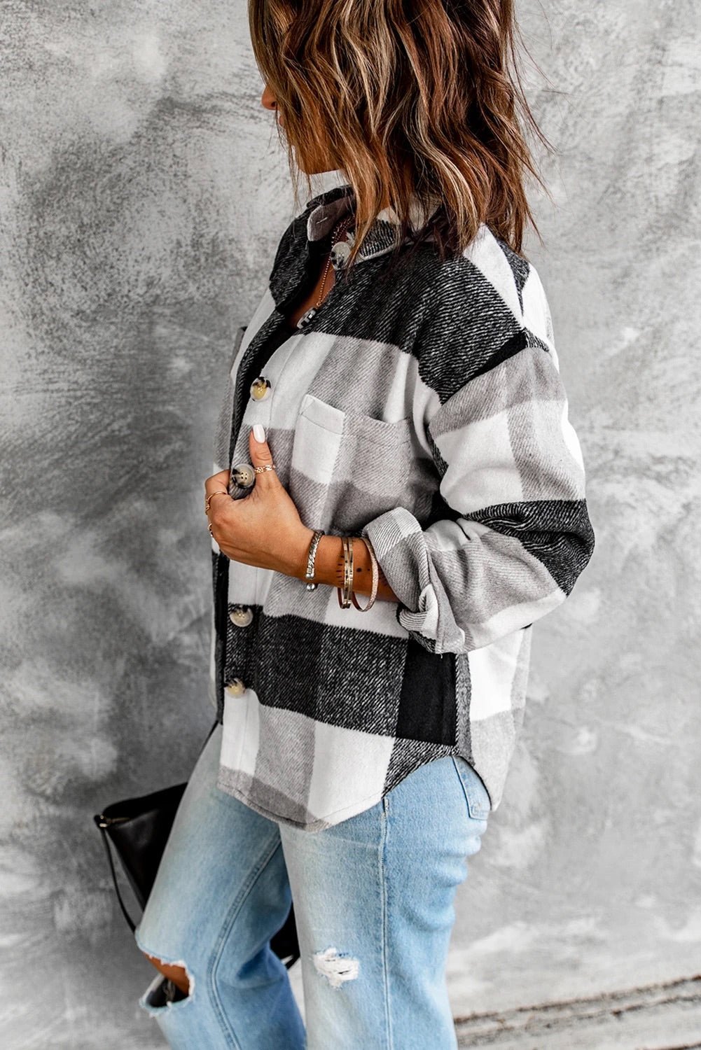 Luna® | Graue karierte Hemdjacke mit Farbblocktaschen und Knöpfen
