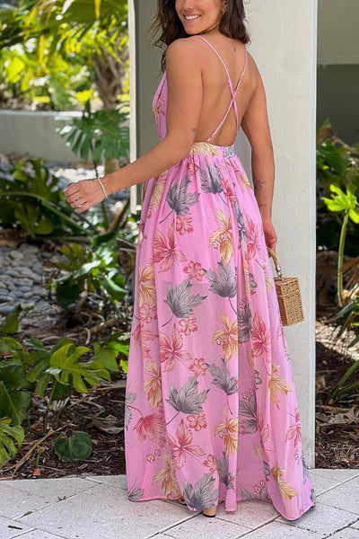 Nayeli® | Rosa bedrucktes Maxikleid mit Schlitz