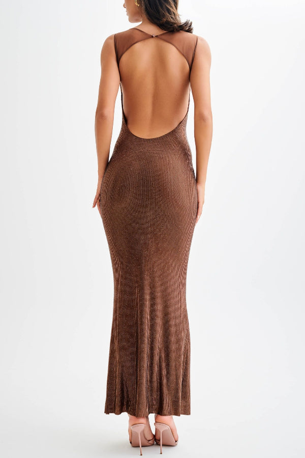 Lila® | Midnight Fantasy Stretch-Maxikleid mit Pailletten und Netzträgern und offenem Rücken