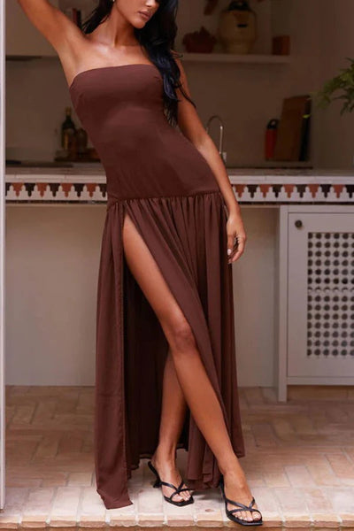 Lizzy® | Trägerloses, halbtransparentes Patchwork-Maxikleid aus Chiffon