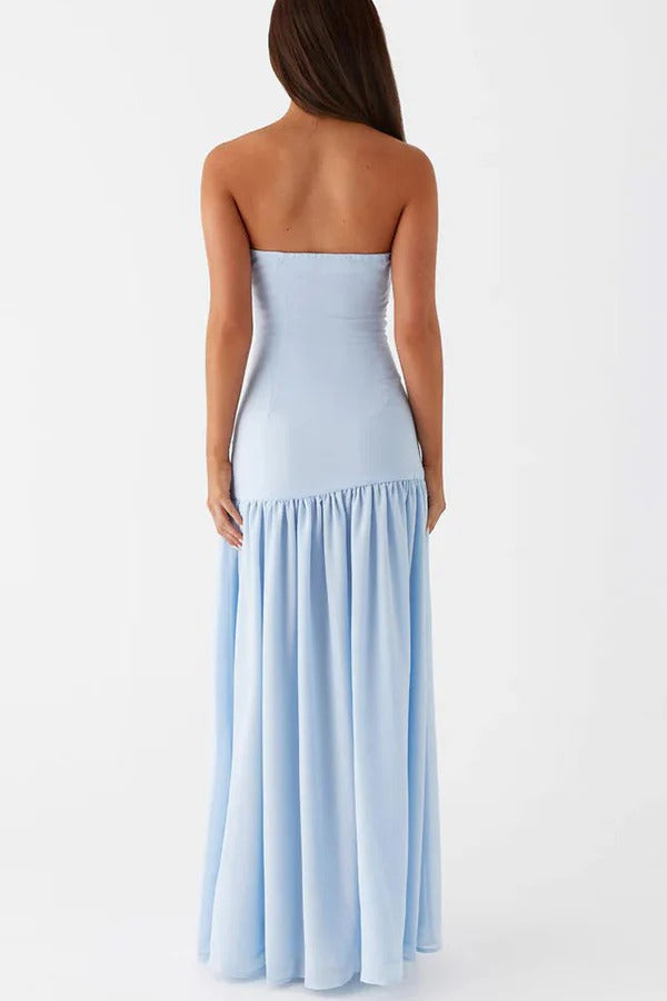 Lizzy® | Trägerloses, halbtransparentes Patchwork-Maxikleid aus Chiffon