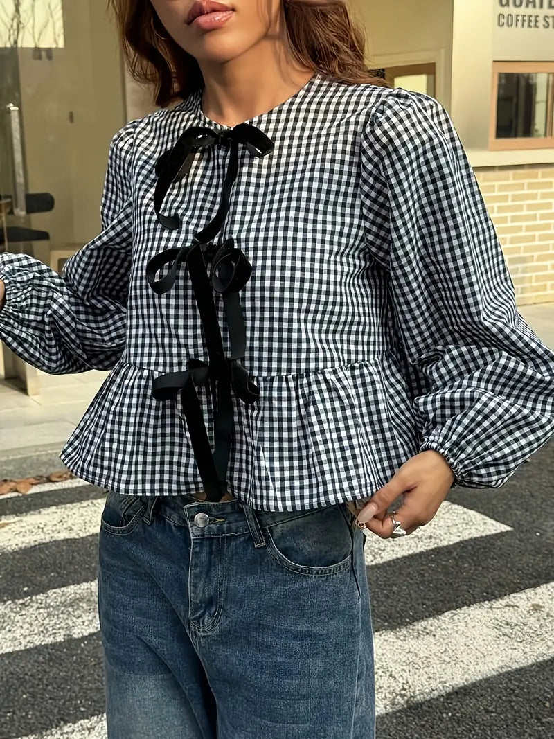 Daniela | Vintage Schwarz-Weiß Karierte Bubble Langarm-Bluse
