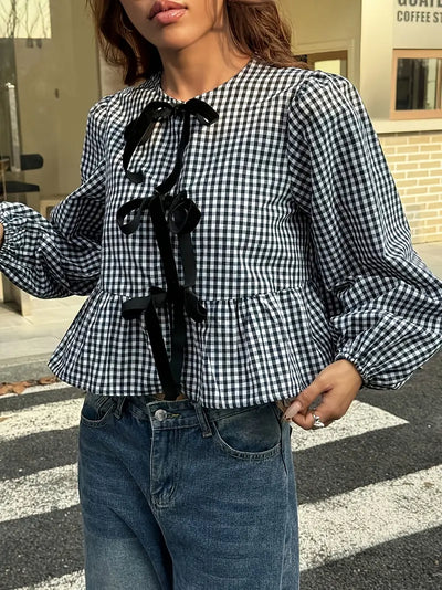 Daniela | Vintage Schwarz-Weiß Karierte Bubble Langarm-Bluse