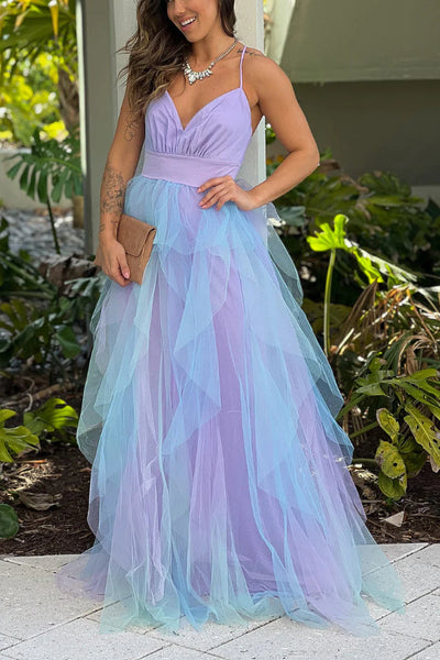 Maritza® | Lavendelfarbenes und blaues Rüschen-Mesh-Maxikleid