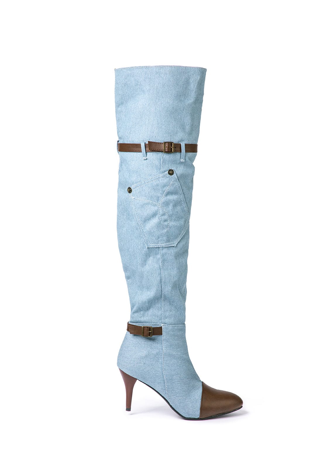 Chloe | Denim kniehohe Stiefel mit Absatz & Einstellbar Braun Gürtel