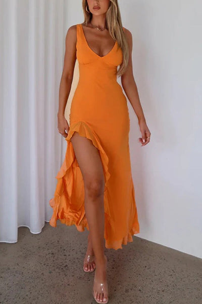 Leila® | Slim-Fit-Maxi-Tanktop-Kleider mit V-Ausschnitt und Rüschen und hohem Schlitz