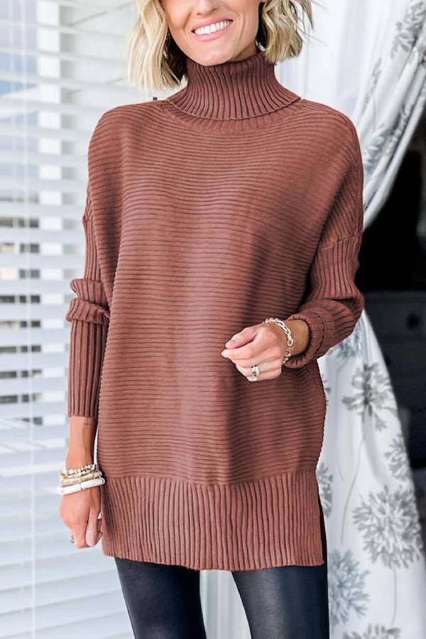 Julia® | Mineralroter, gerippter Tunika-Pullover mit Rollkragen