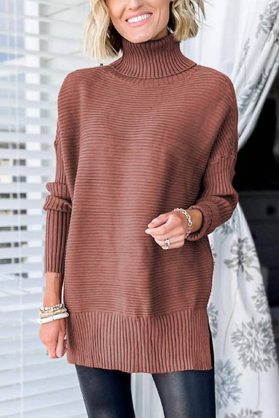 Julia® | Mineralroter, gerippter Tunika-Pullover mit Rollkragen