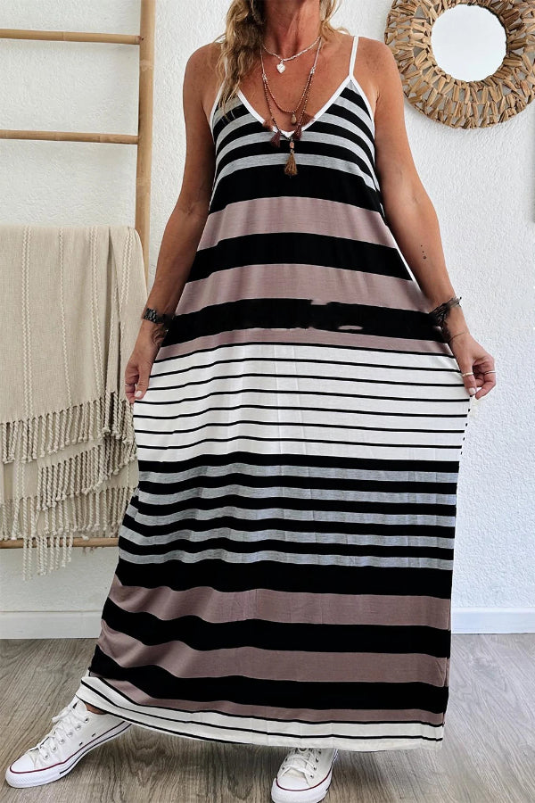 Francisca® | Mehrfarbig gestreiftes Maxikleid mit Spaghettiträgern und V-Ausschnitt