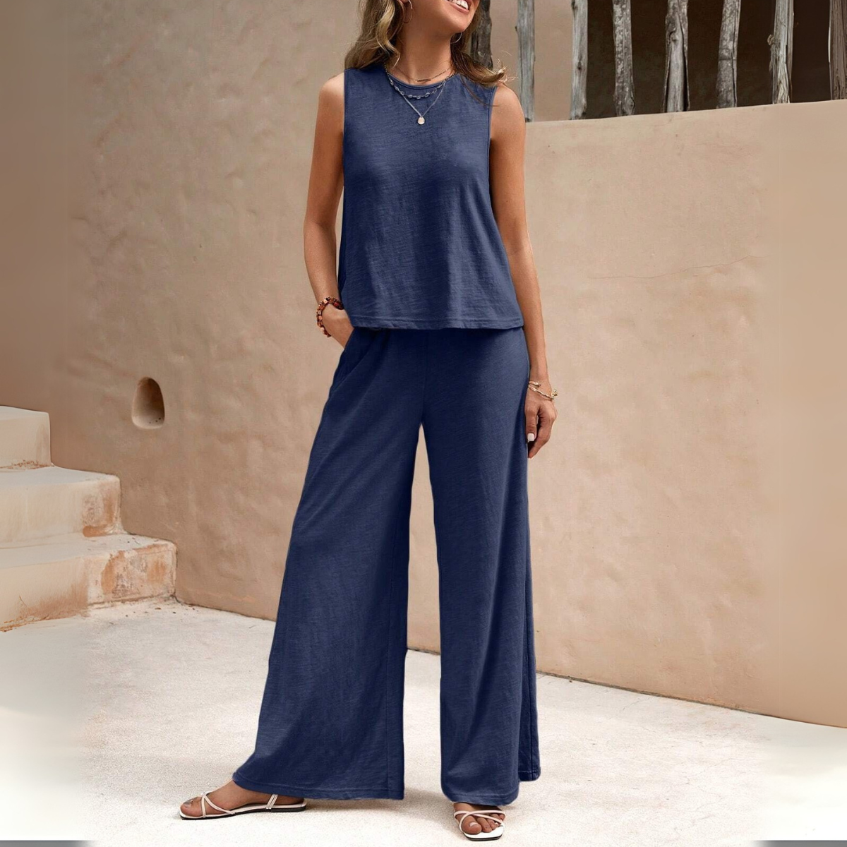 Ärmelloses Weitbein-Hosen-Set für Damen