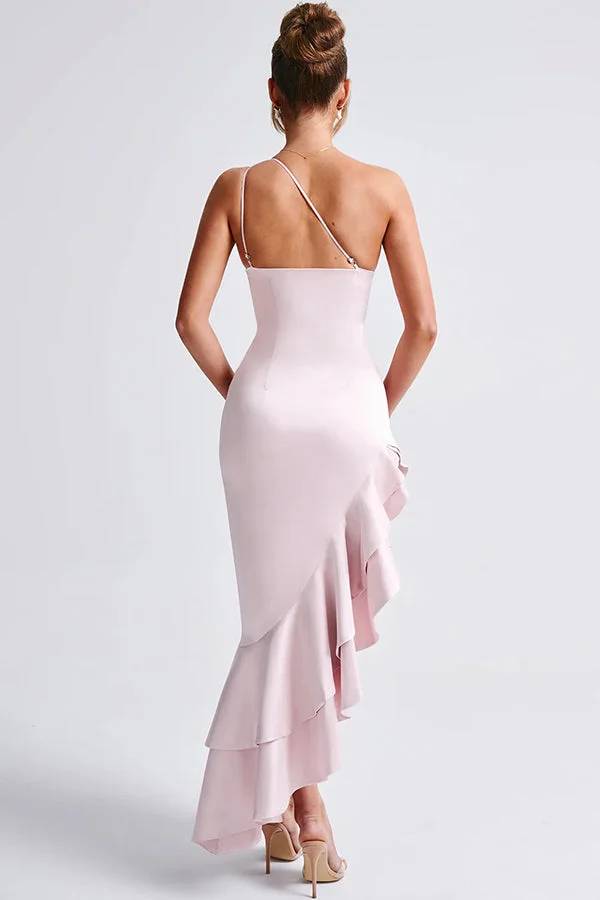 Layla® | One-Shoulder-Maxikleid aus Satin mit Rüschen, Schlitz und Rüschen