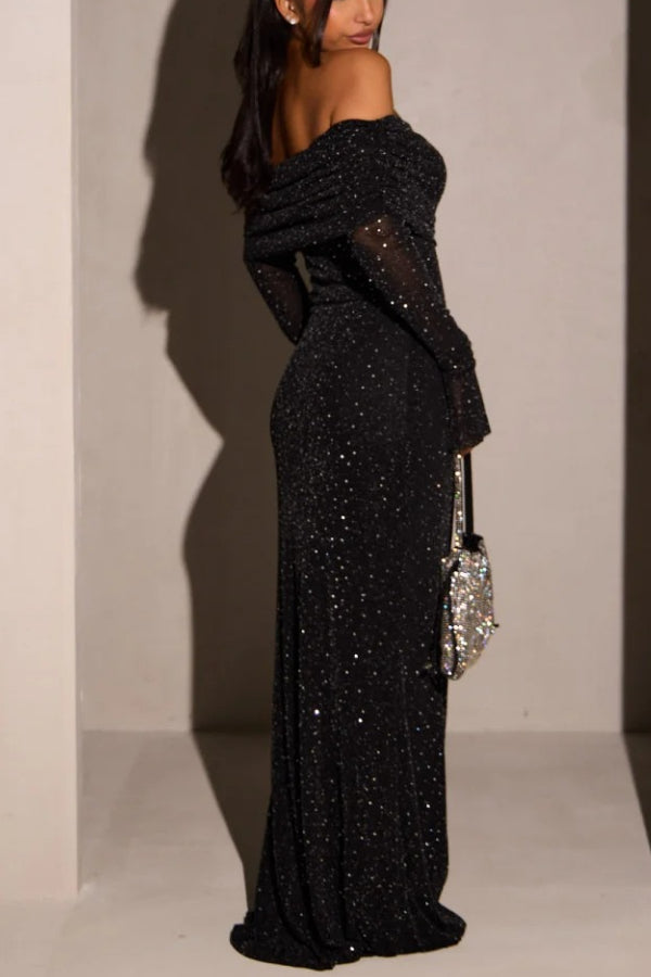 Juniper® | Schwarzes schulterfreies Maxikleid mit Pailletten