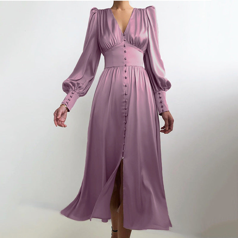 Tailliertes Satin-Kleid mit Ballonärmeln – Elegantes Abendkleid