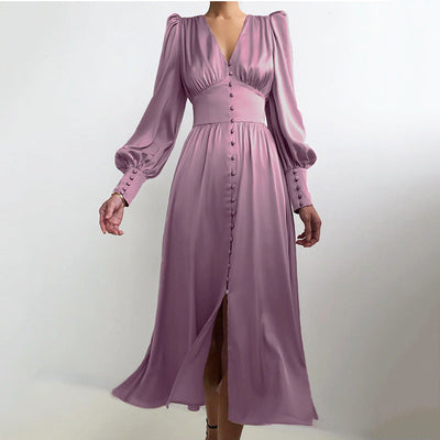 Tailliertes Satin-Kleid mit Ballonärmeln – Elegantes Abendkleid