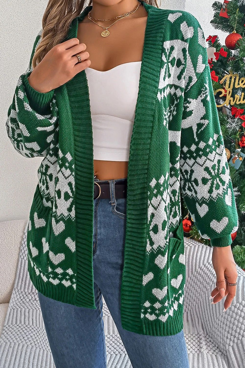 Malia® | Dunkelgrüner Weihnachts-Cardigan mit langen Ärmeln