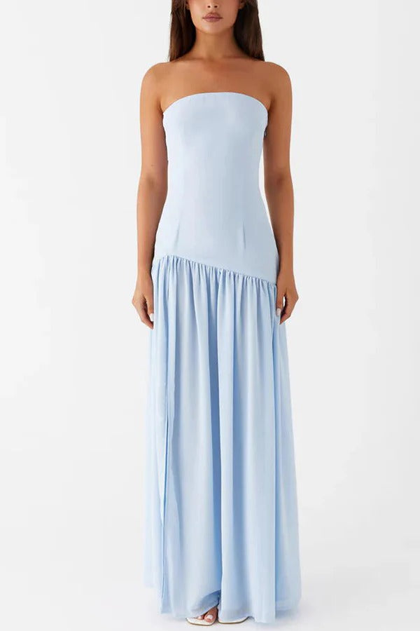 Lizzy® | Trägerloses, halbtransparentes Patchwork-Maxikleid aus Chiffon