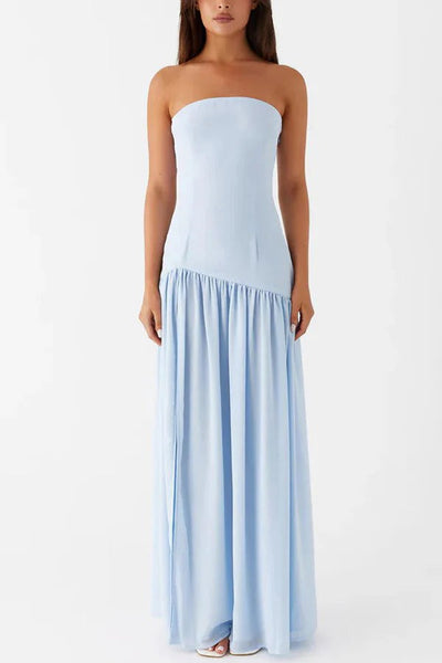 Lizzy® | Trägerloses, halbtransparentes Patchwork-Maxikleid aus Chiffon